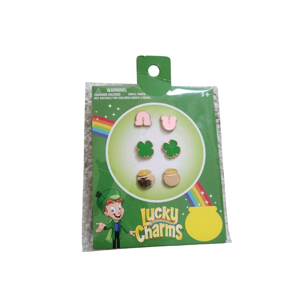 Lucky Charms Cereal Stud Earring Set 3 Pairs‎ Horseshoe Clover Pot of Gold NEW